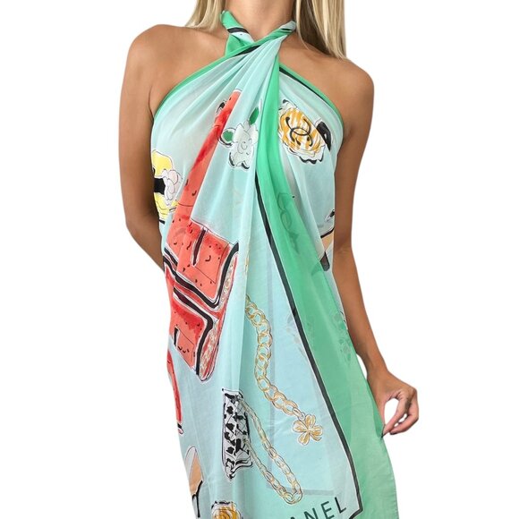 CHANEL Vintage 1994 CC Logo Icon Wrap Pareo Big Scarf Blue Green White [105709] - Picture 1 of 12